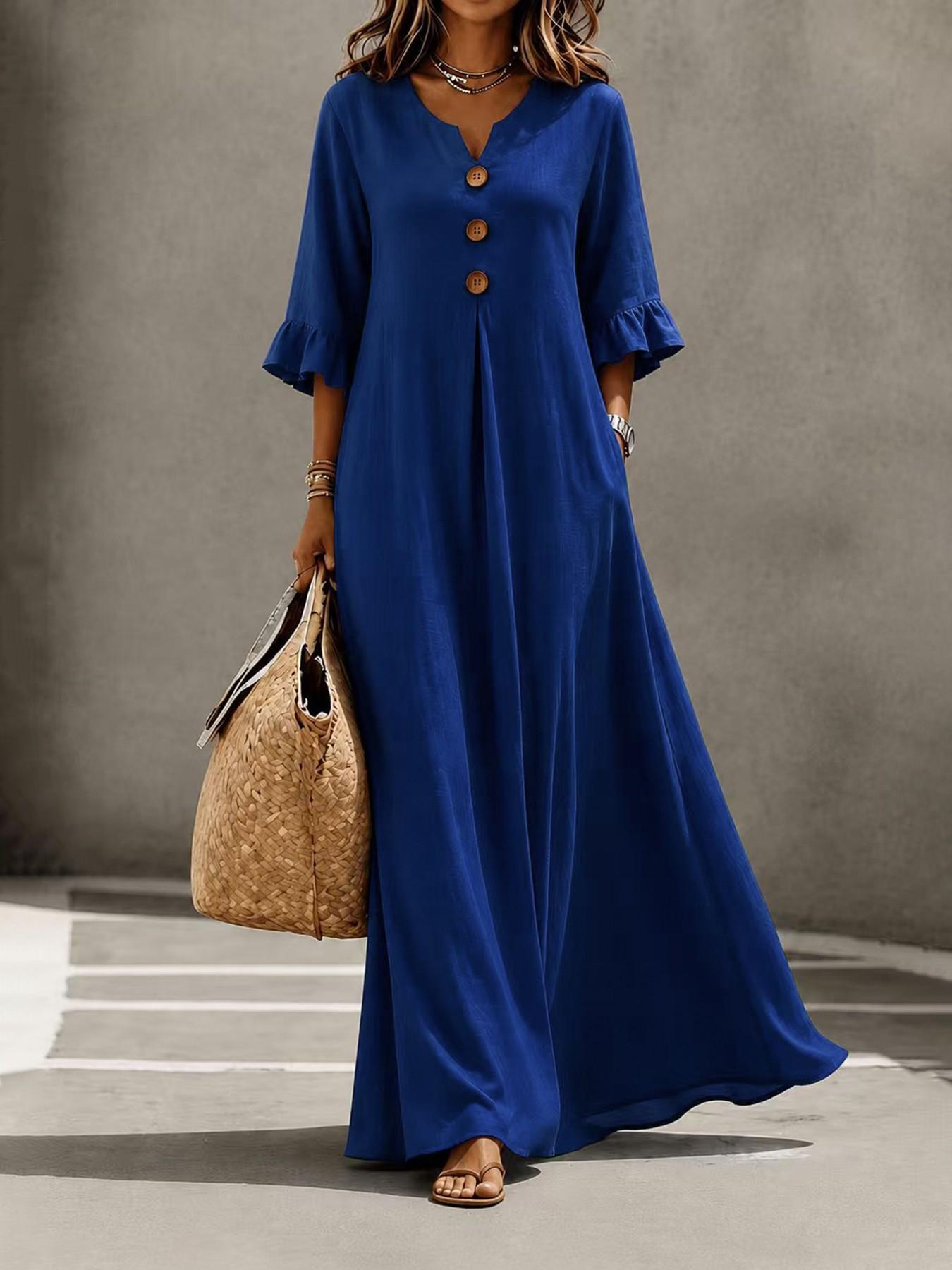 Women's Boho Aesthetic Style Solid V-Neck Dress with Wooden Buttons and Ruffle Sleeves, Loose-Fit A-Line Skirt, Fall & Winter Casual Wear