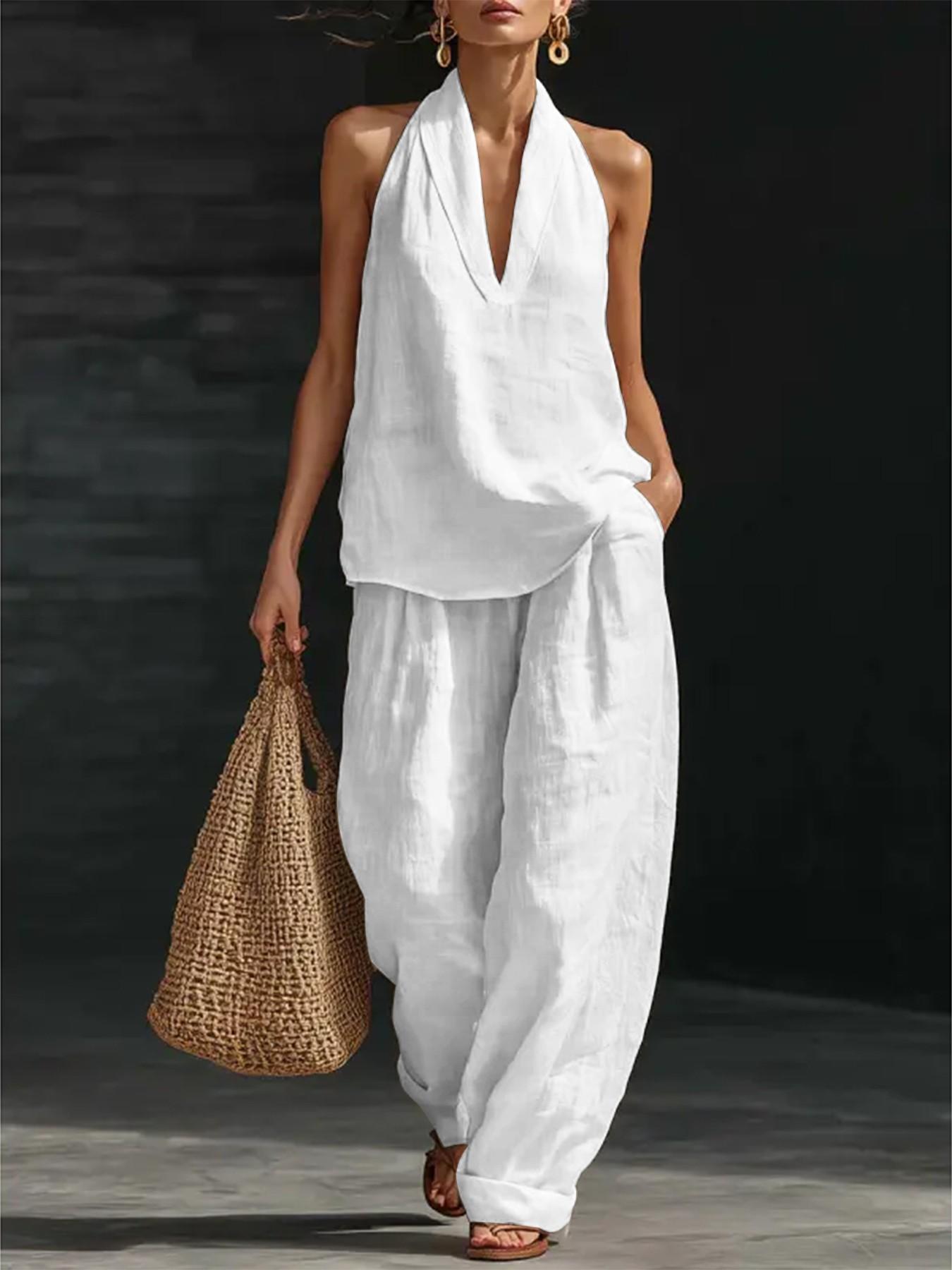 Women's Linen Sets 2 Piece Summer, Casual Sleeveless Lounge Set, Ankle Length, Loose-Fitting, Beach Vacation Clothes