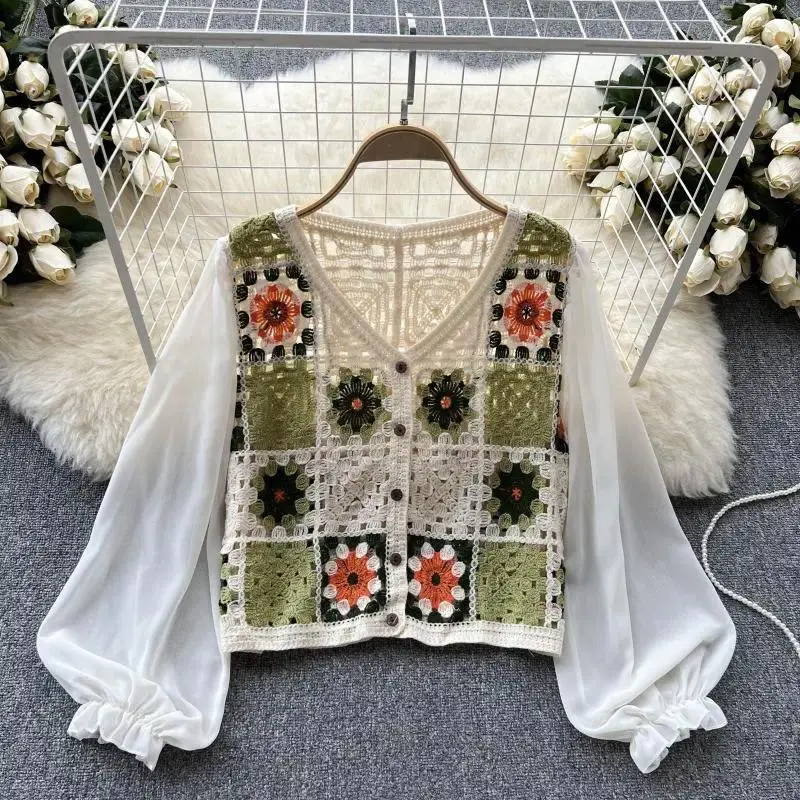 Granny Square Crochet Cardigan with Sheer Mesh Sleeve Button-Front Blouse Openwork Knit Top Women Spring Summer Boho Cottagecore