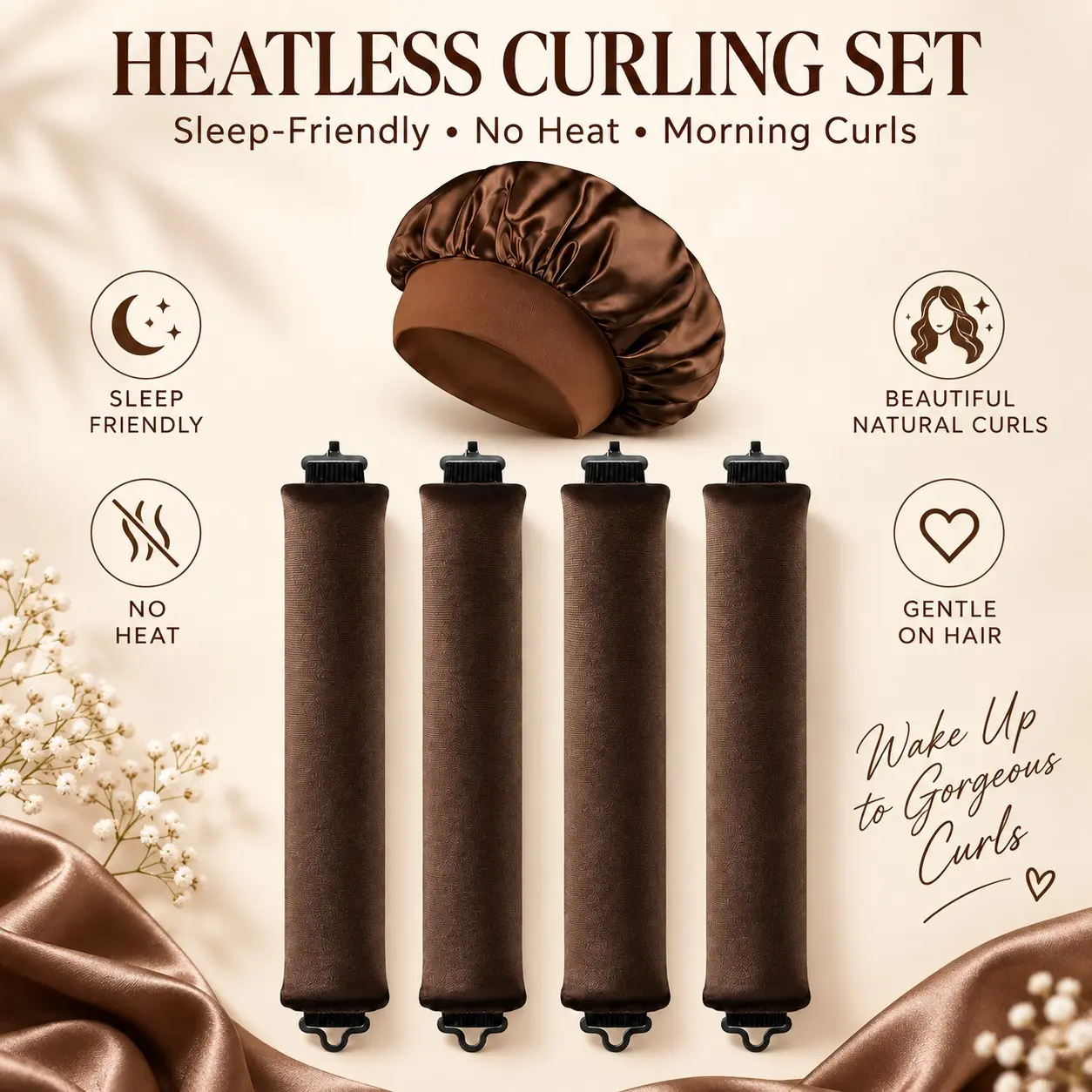 5PCS Heatless Hair Curler Set, 4 Overnight Curling Rods with Sleep Bonnet for Women, No Heat Curling Tools for Long Hair, Soft Bouncy Curls, Damage-Free Styling, Sleep Friendly Hair Curling Kit, Overnight Hair Curlers
