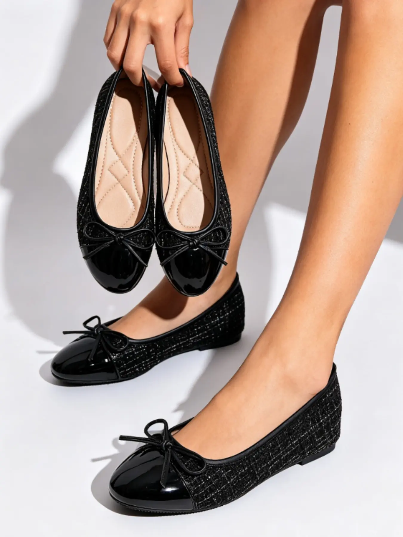 Vintage Plaid Ballet Flat Shoes, Glossy Leather Toe + Elegant Bow, Casual Round Toe, Medium Width, Sizes 36-46, All Seasons