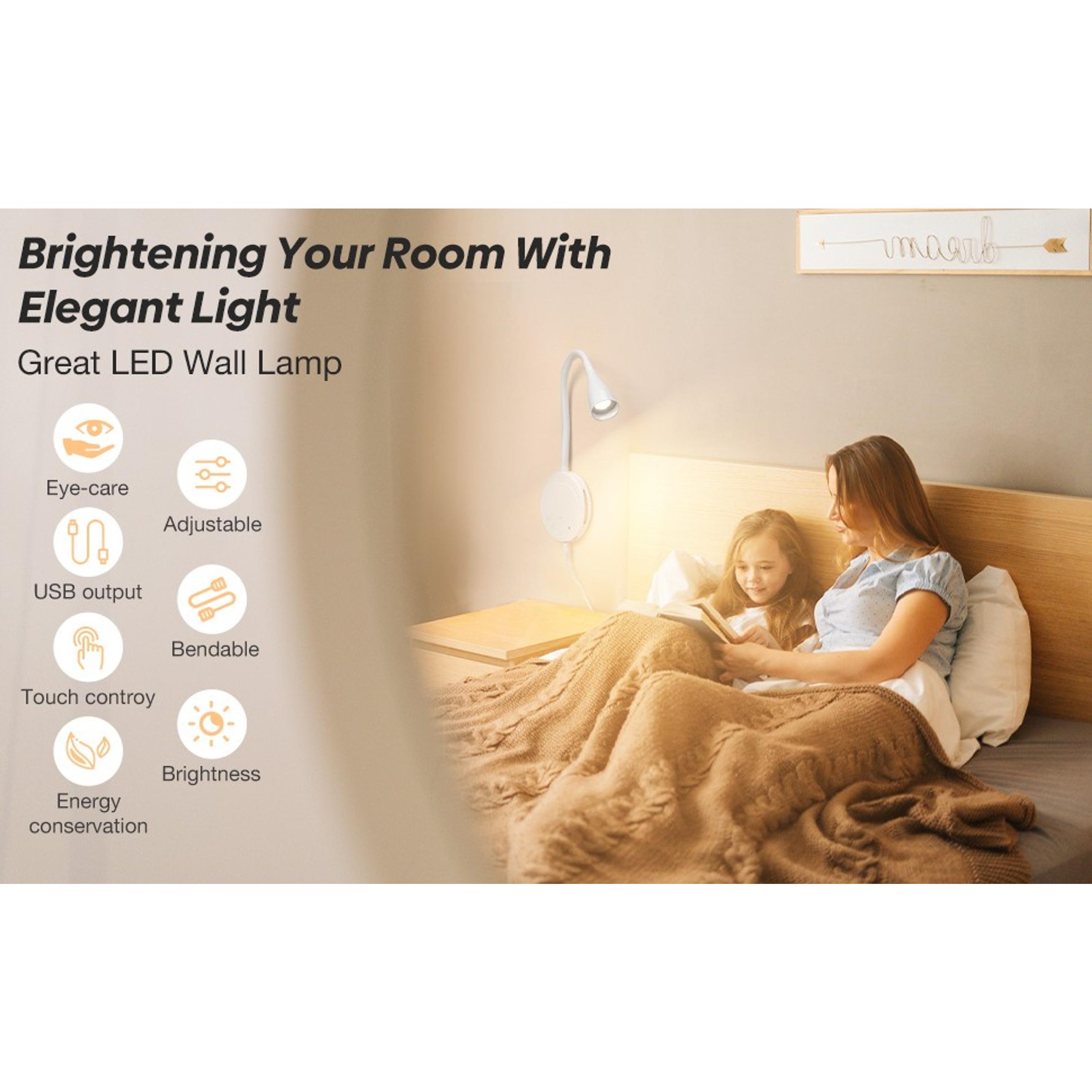 LED Wall Mounted Reading Light, Book Light for Reading in Bed with Touch Control, 5 Dimmable, USB Output, Night Light & Timers Function, Flexible Gooseneck Headboard Bed Lights (White)