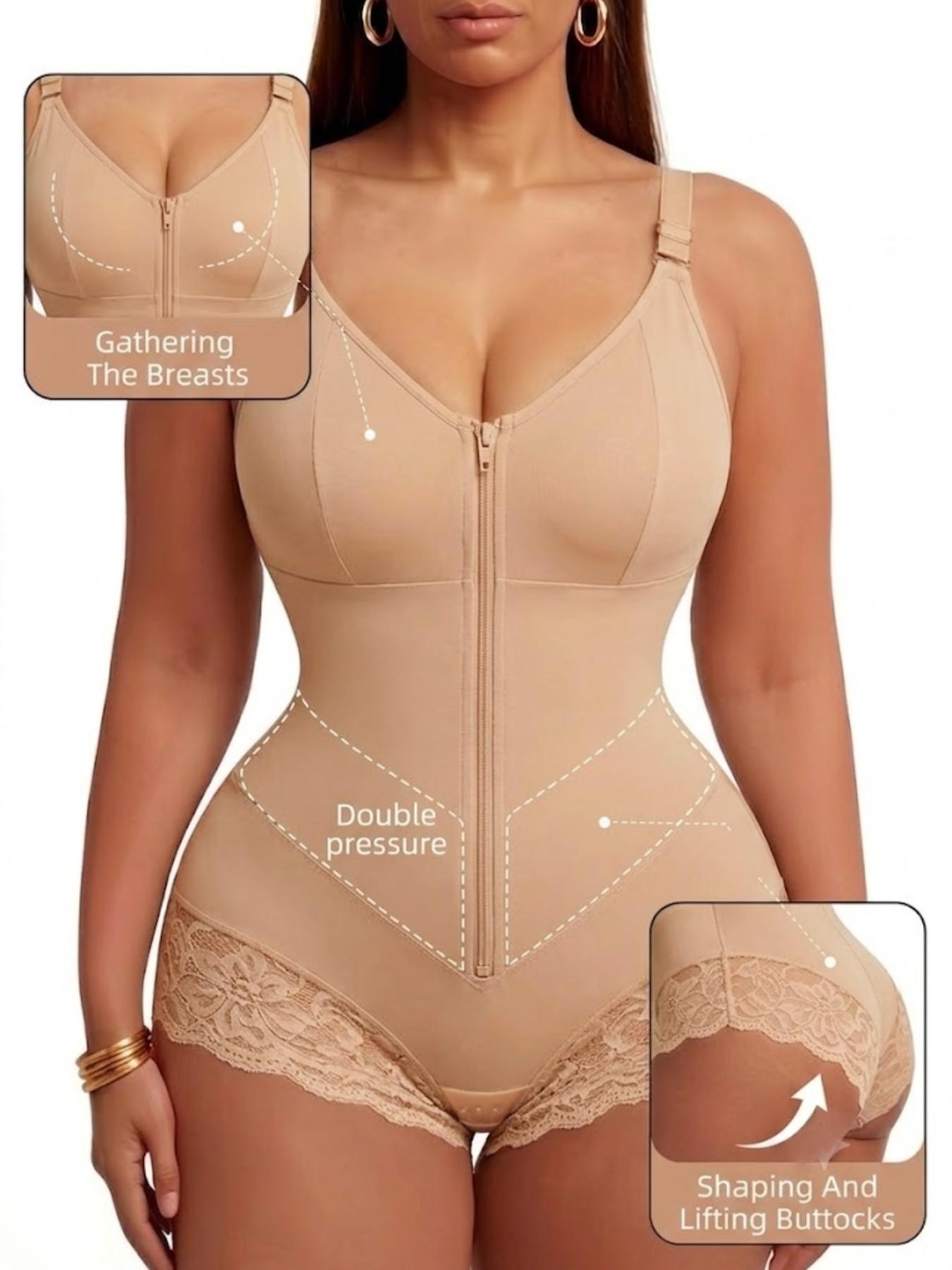 Colombian Shapewear, Fajas, Women's Solid Color Lace Trim Anti-Slip Leg Hem Jumpsuit, Front Zipper V-Shaper Belt Shapewear Bodysuit, Natural Lift Body Shaper, Double Compression Contouring Romper, Waist Trainer, Suitable For Training Or Sports, Aesthetic