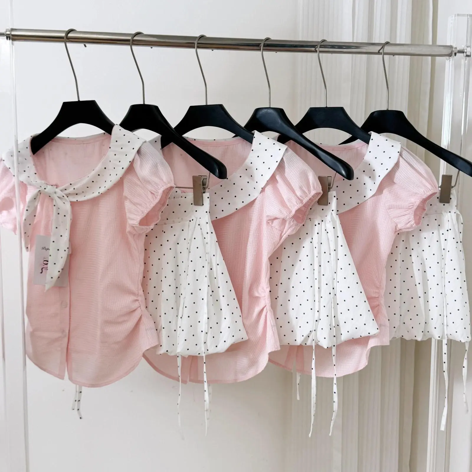 Kawaii Sweet Polka Dot Bow Tie Collar Puff Sleeve Slim Fit 2 Piece Mini Skirt Set Women Pink White Summer Casual Everyday Outfit