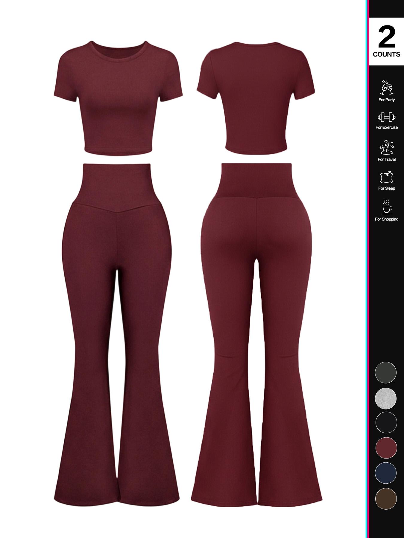 Women's Solid Loungewear Set, Casual Short Sleeve Crop Top & High Waist Flare Leg Pants, Ladies Sleepwear for All Seasons, Pajama Set