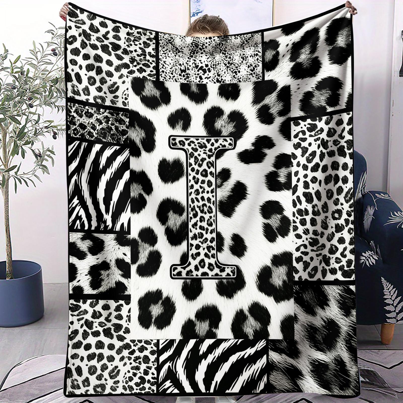 Custom Initial Animal Print Throw Blanket, Trendy Patchwork Visual Impact, Skin-friendly Breathable Lightweight, Perfect for Rental Bedroom Daily Use
