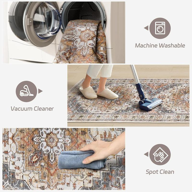 Art&Tuft Washable Hallway Runner Rugs, Non-Slip Low-Pile Soft Kitchen Rug Runner Laundry Room Rug, Vintage Throw Entry Foyer Mat for Entrance Living Room