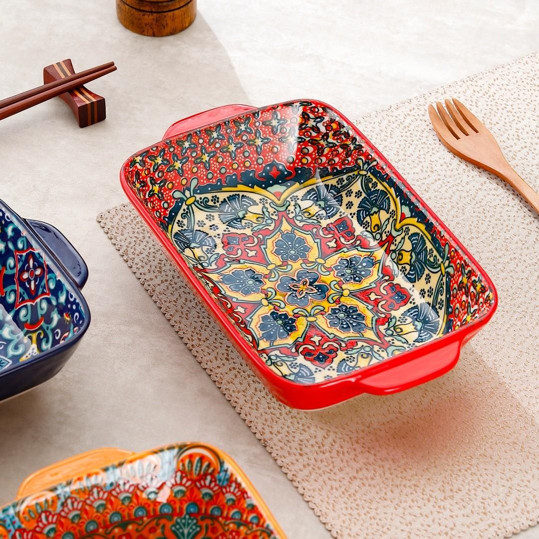 4Pcs Double Handle Rectangular Serving Plates Set, Microwave Oven Safe Dinner Plates for Sushi, Dessert, Salad, Pasta, Baking, Suitable for Home Kitchen Dorm Restaurant