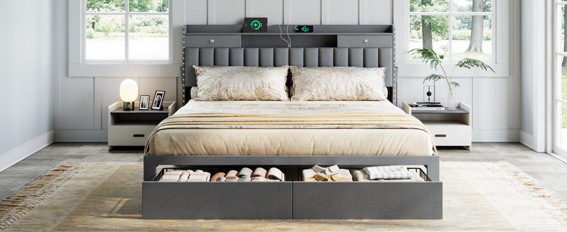 TryLazy Bed Frame with 4 Drawer, Headboard with Storage and 2 USB & 1 Type-C Charging Ports, Noise-Free, No Box Spring Required, Easy Assembly TryLazy Bed Frame with 4 Drawer, Headboard with Storage and 2 USB & 1 Type-C Charging Ports, Noise-Free, No Box Spring Required, Easy Assembly