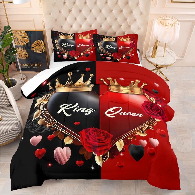 Christmas And Valentine'S Day Themed Black And Red Heart Print, King And Queen Themed Comforter Set, Soft Bedding Set, Includes A Comforter And 1 Or 2 Coreless Pillowcases, Warm And Skin-Friendly, Suitable For Beds, Sofas, Offices, Travel, And Camping. Christmas And Valentine'S Day Themed Black And Red Heart Print, King And Queen Themed Comforter Set, Soft Bedding Set, Includes A Comforter And 1 Or 2 Coreless Pillowcases, Warm And Skin-Friendly, Suitable For Beds, Sofas, Offices, Travel, And Camping.