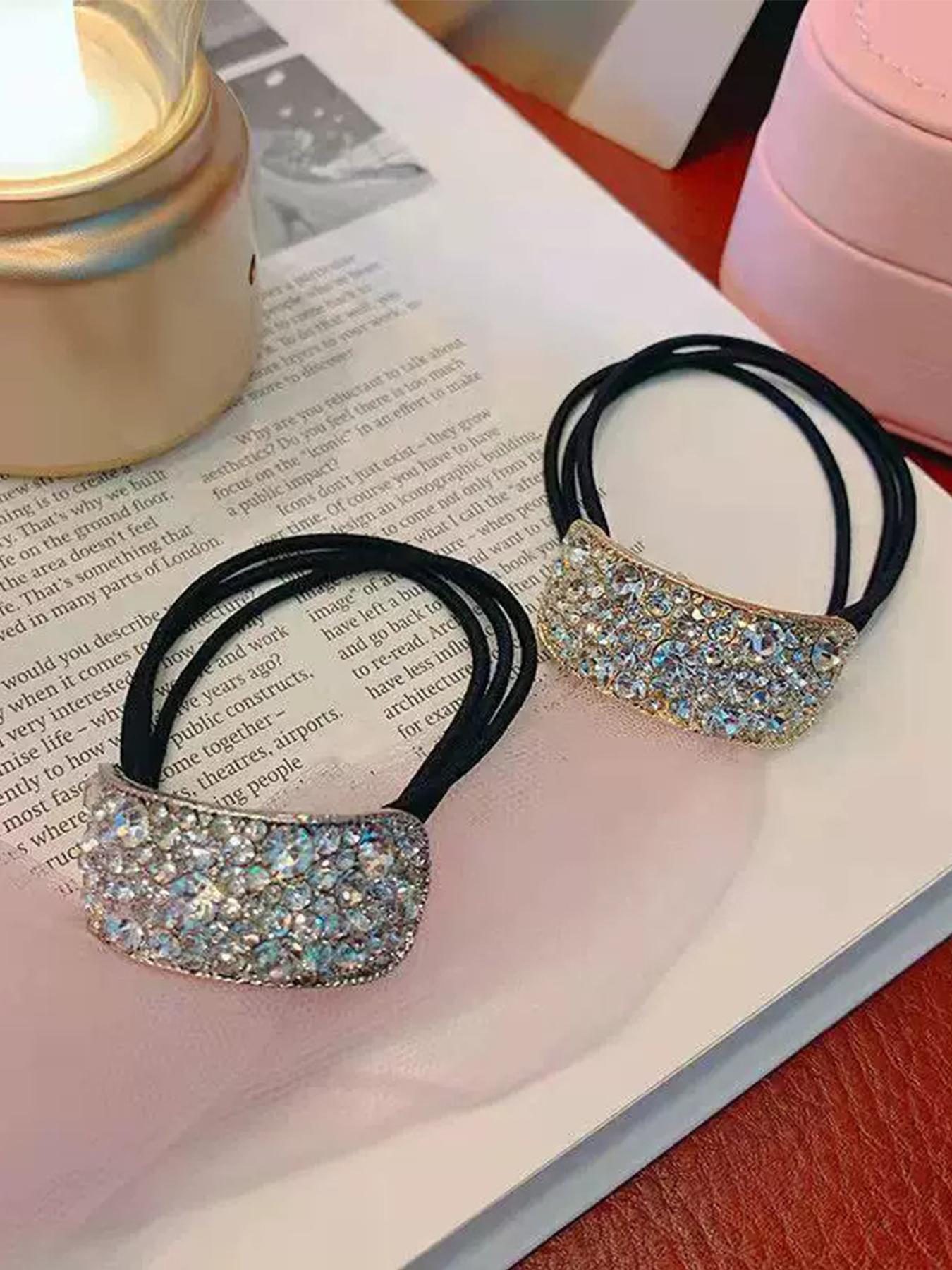 2 Sparkling Rhinestone Hair Ties, Durable Elastic Bands for Strong Hold, Stylish Hair Accessories to Enhance Your Look, Ponytail Hairstyle, Messy Bun
