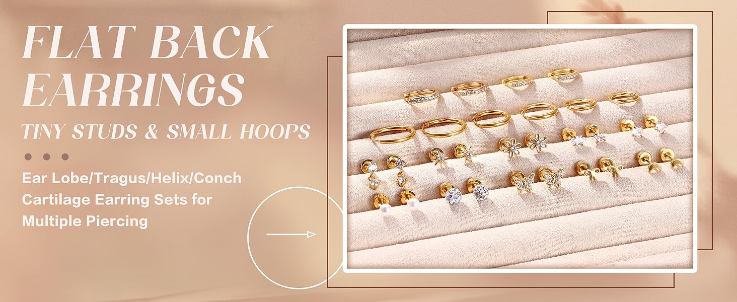 15 Pairs Flat Back Earrings, Hypoallergenic Stainless Steel Stud Hoop Earrings, Casual Jewelry for Women and Girls