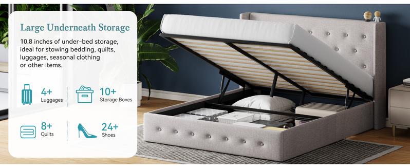 HOOMIC Lift-Up Storage Bed Frame【Frame Only No Mattress】- Modern Wingback Headboard with Hydraulic System & Upholstered Platform,Wood Slat Support,Light Beige/Grey/Yellow/Black/White,No Box Spring Needed,Full/Queen/King