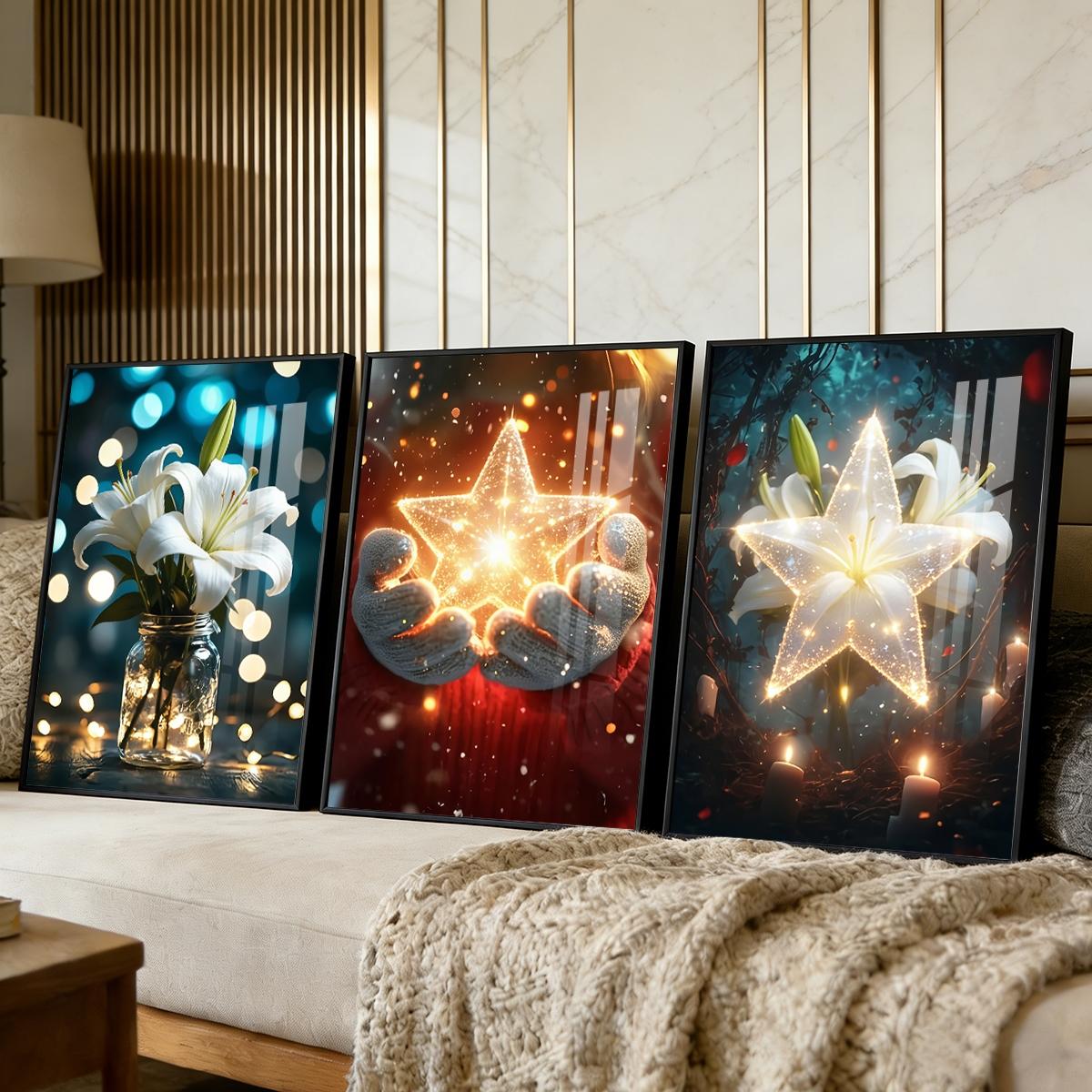 3 Counts Aluminum Alloy Framed Painting, White Lily And Glowing Star Art Pictures, Home Decoration For Living Room, Bedroom, Office, Restaurant, Hallway Wall Decor, Odorless Print Artwork, Luxury Perfect Gift For Friends And Family