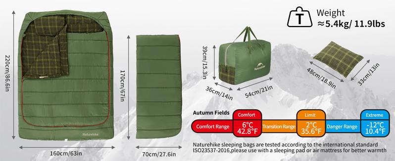 Naturehike 0 Degree XL Double Sleeping Bag with Pillows,2-Person Flannel Sleeping Bag for Couples & Families, All Seasons Camping, Hiking, Backpacking FathersDayGift