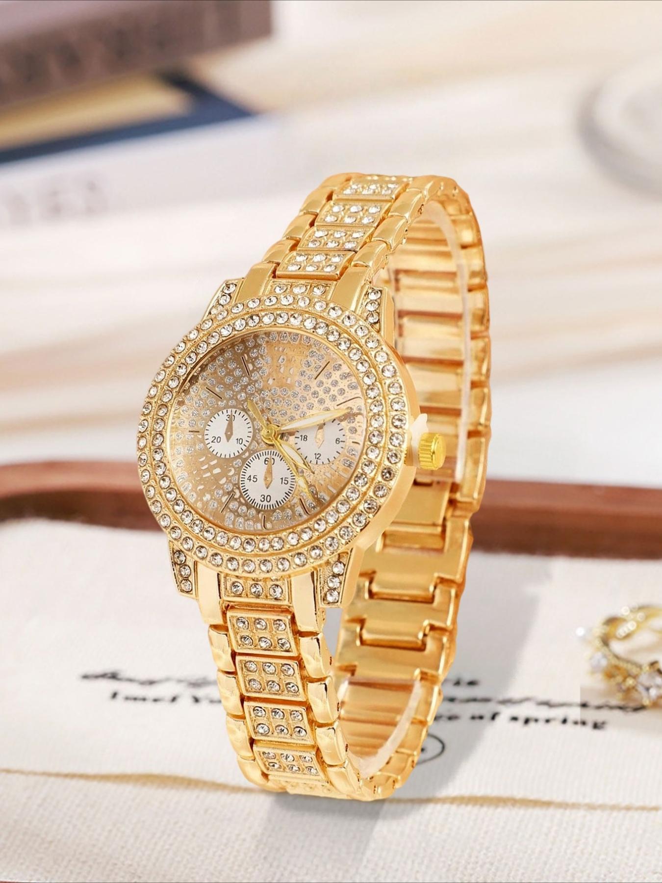 1/3counts Fashion Full Diamond Women's Watch Gold Steel Band Analog Quartz Watches