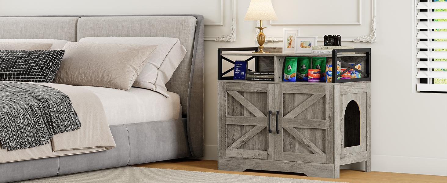 Litter Box Enclosure for 2 Cats, Hidden Litter Box Furniture with Double Rooms, Cat Bed, PVC Pad and Scratch Pad, Grey