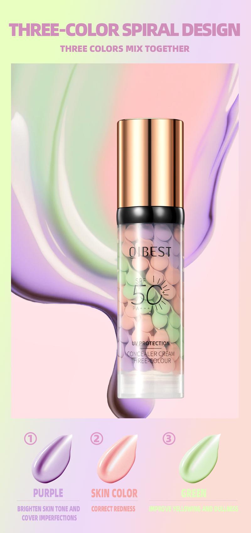 3-in-1 Color Correcting Facial Serum,Moisturizing Primer, , SPF 50 PA++ +Brightening Primer for Even Skin Tone, OilControl & Refreshing, Purple, Pink & GreenTones