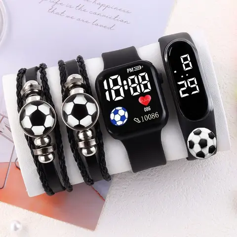 4-Piece Minimalist Silicone Soccer Digital Watch and Leather Bracelet Set, Back to School Gift for Teens and Young Adults, Perfect Birthday Present