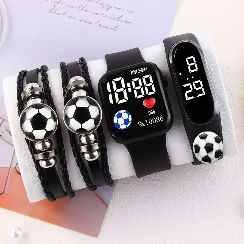 4-Piece Minimalist Silicone Soccer Digital Watch and Leather Bracelet Set, Back to School Gift for Teens and Young Adults, Perfect Birthday Present
