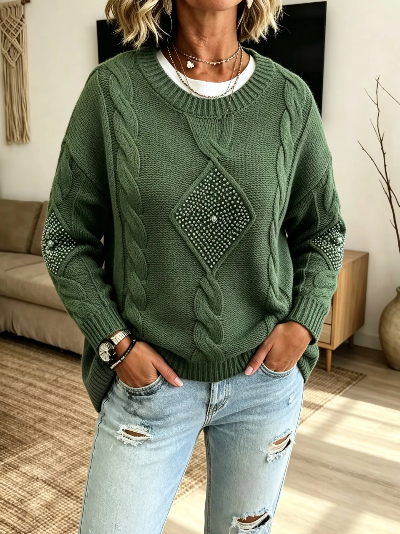 Women's Round Neck Long Sleeve Knit Sweater, Braided Design, Rhombus Rhinestone Decoration, Loose Fit, Drop Shoulder, Thick Knitted Top