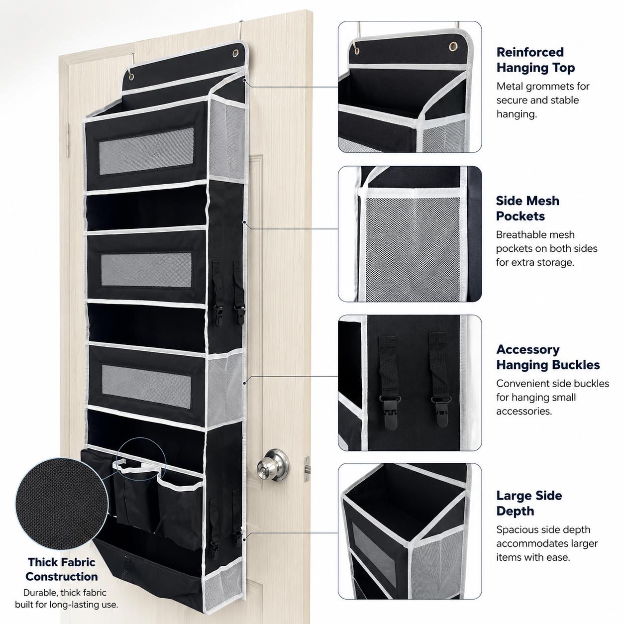 1 Pack Over The Door Organizer Storage Hanging Organizer Closet with 5 Large Pockets 6 Mesh Pockets 50 lbs Weight Capacity Behind Door Storage for Closet Nursery Bedroom Bathroom (Black)