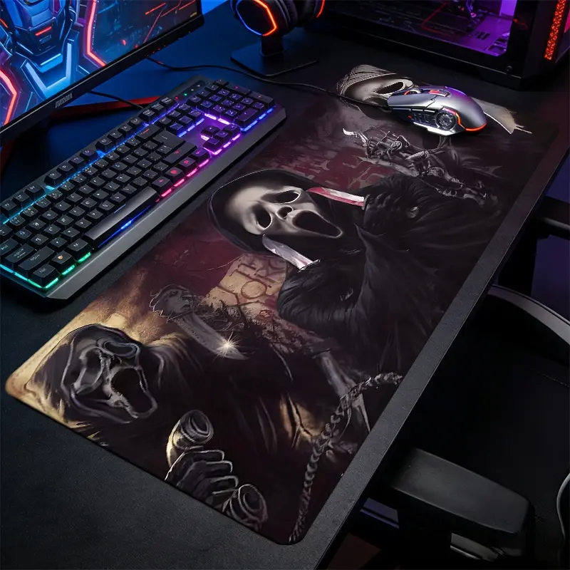 Ghost Face Horror Large Extended Gaming Mouse Pad, Dark Thriller Vintage Sketch Texture, Smooth Non-Slip Thick Rubber Base, Durable Stitched Lock Edge, Full HD Heat Transfer Print Keyboard Desk Mat For Gaming Office Gift For Friends