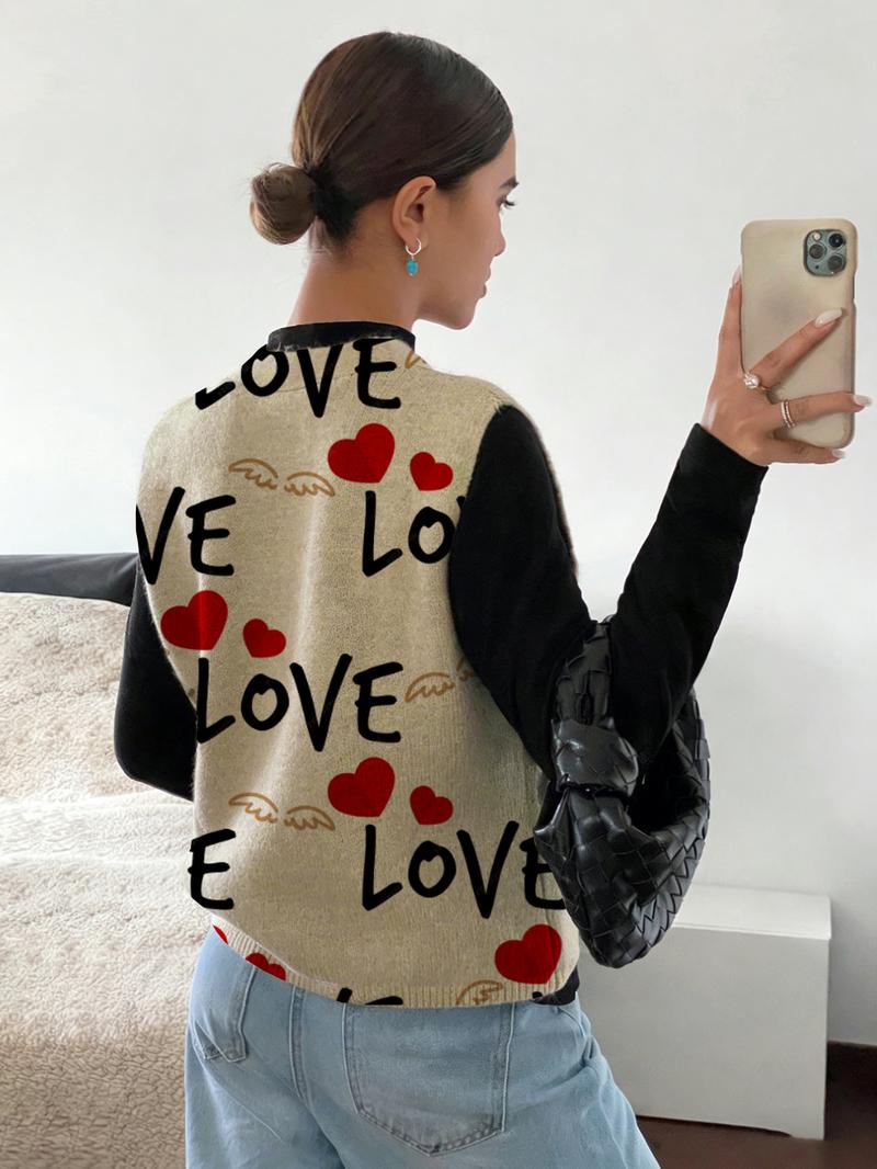 Heart Letter Colorblock Open Front Button Knit Sweater Vest, Casual Sleeveless Cardigan for Spring Summer Fall, Women's Comfortable Warm Clothing