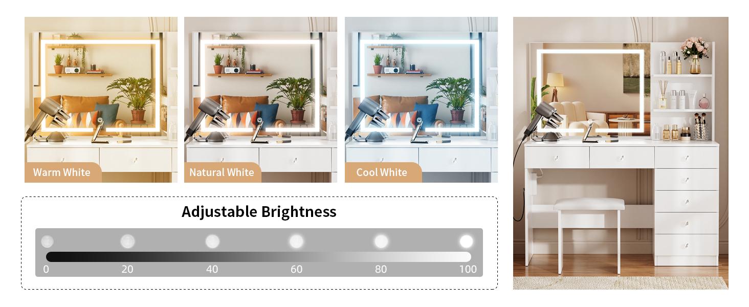 VOWNER Vanity with Lighted Mirror - 47" Makeup Vanity Desk with 7 Drawers, 3 Storage Shelves and Outlet, 3 Color Lighting Modes with Adjustable Brightness, Makeup Desk with Stool for Bedroom, White