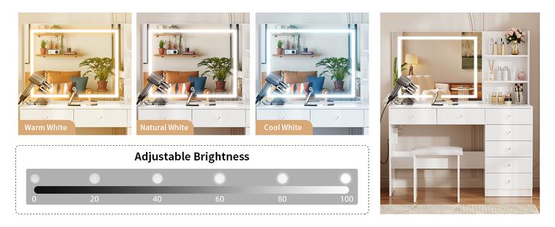 VOWNER Vanity with Lighted Mirror - 47" Makeup Vanity Desk with 7 Drawers, 3 Storage Shelves and Outlet, 3 Color Lighting Modes with Adjustable Brightness, Makeup Desk with Stool for Bedroom, White