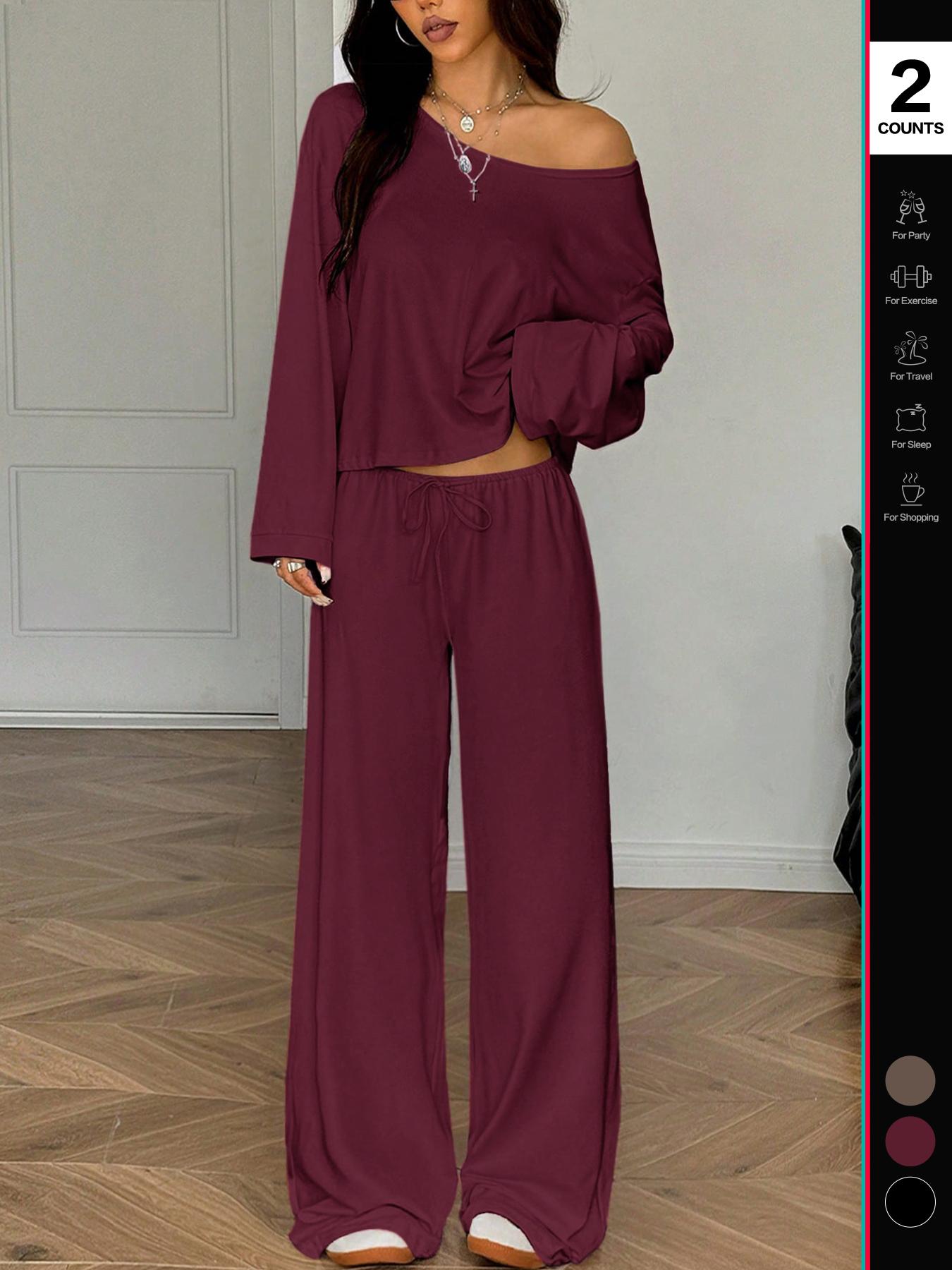 2026 Women's Two-Piece Set, Casual Breathable Long Sleeve Top and Elastic Waist Pants, All-Season Basic Sleepwear, Comfortable Loungewear