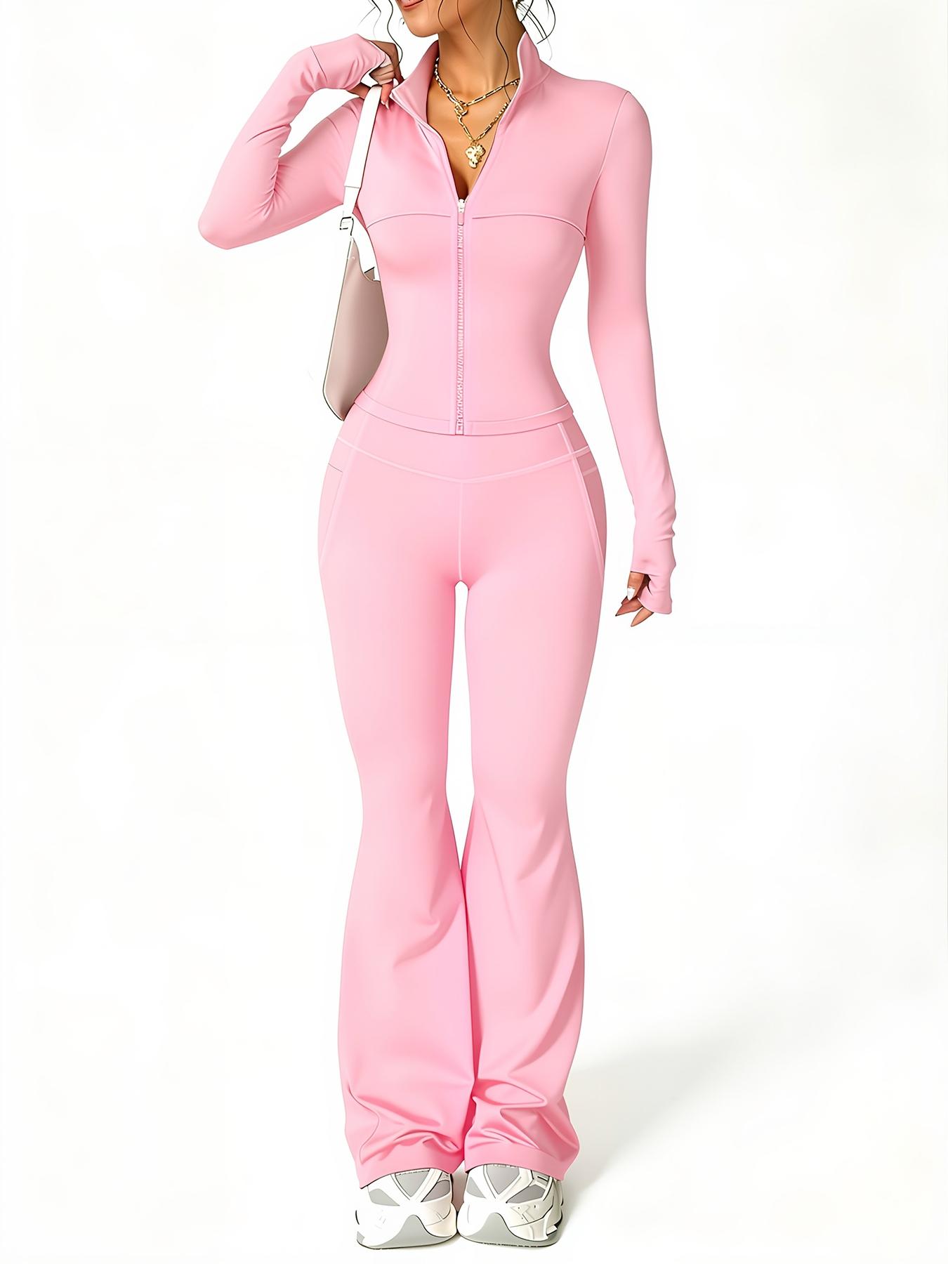 Women's Fashion Two-Piece Set, Slim Fit Long Sleeve Thumb Hole Cuffs, Zipper Front Jacket Style, Elastic Flare Pants, Daily Wear Womenswear