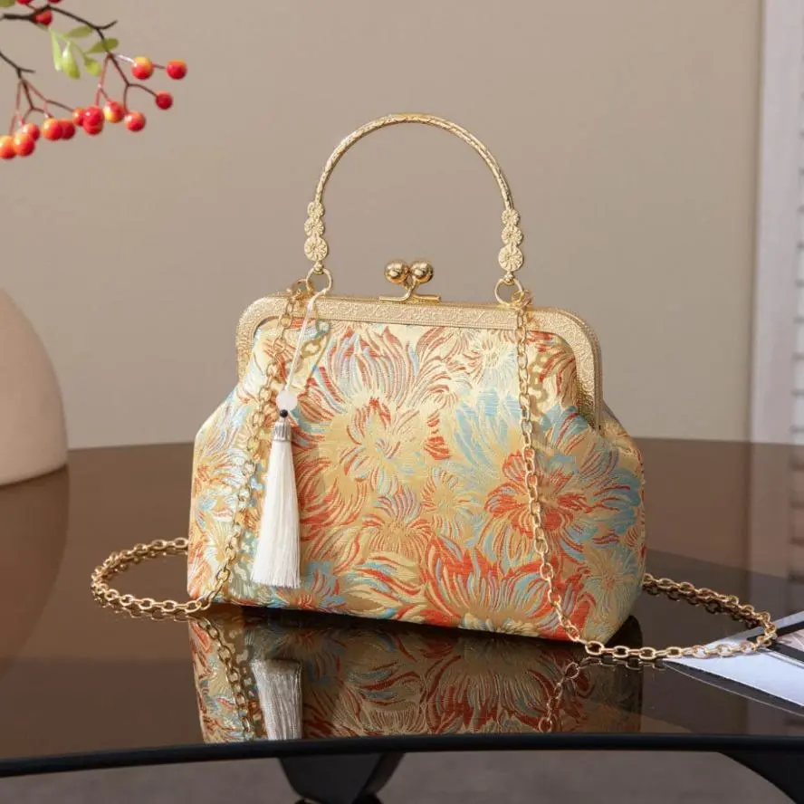 New Arrival Song Brocade Compact Handbag - Vintage Floral Elegant Evening Clutch, Traditional Small Chain Strap Crossbody Gym Bag, Chain Strap Purse