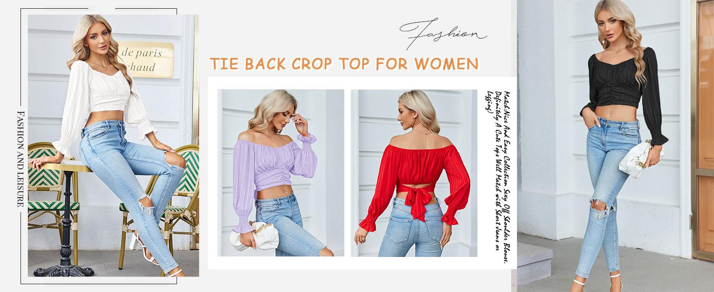 Danedvi Women Off Shoulder Crop Top Ruched Lantern Sleeve Self Tie Dessy Cropped Tee Shirts Clothing Chic