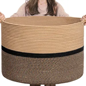 XXL Large Cotton Rope Woven Basket, Throw Blanket Basket with Handles, Decorative Clothes Hamper - 22" x 22" x 14", Brown&Black