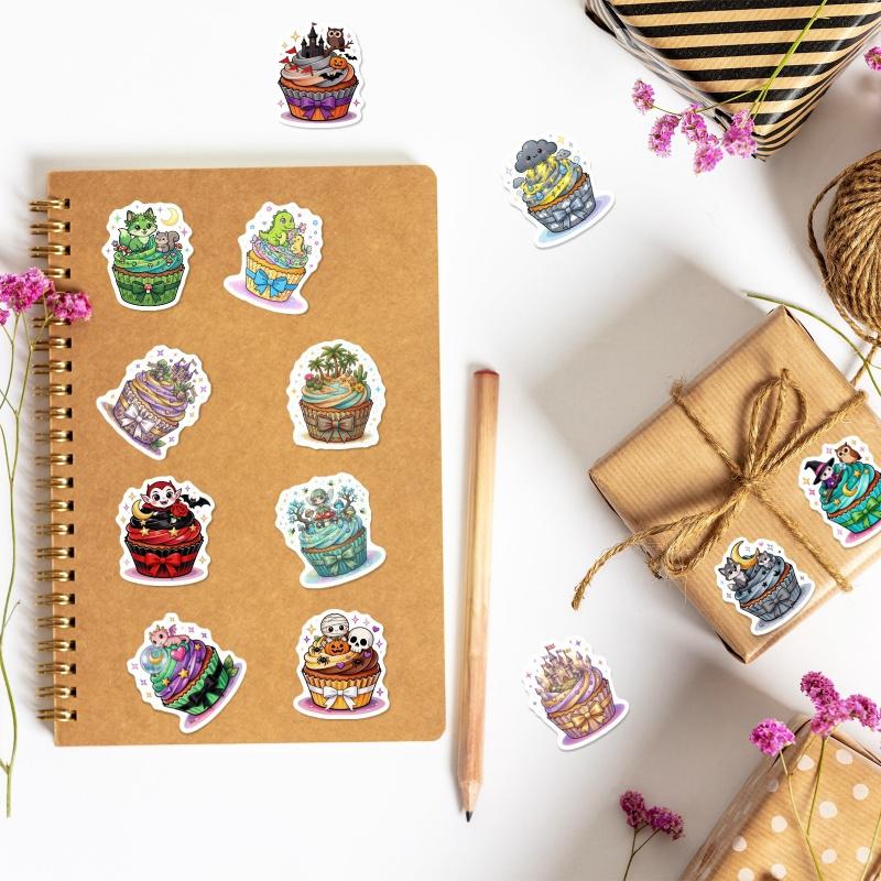 50 sheets creative cartoon magic cake stickers, cute and personalized cardboard cupcakes, waterproof decorative stickers