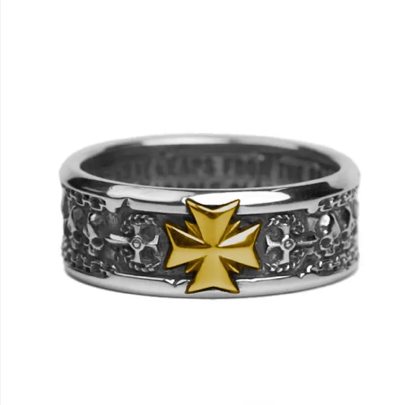 Two Tone Antique Cross Skull Band Ring Vintage Knight Crusader Engraved Wide Ring Men Gothic Biker Statement Jewelry Gift