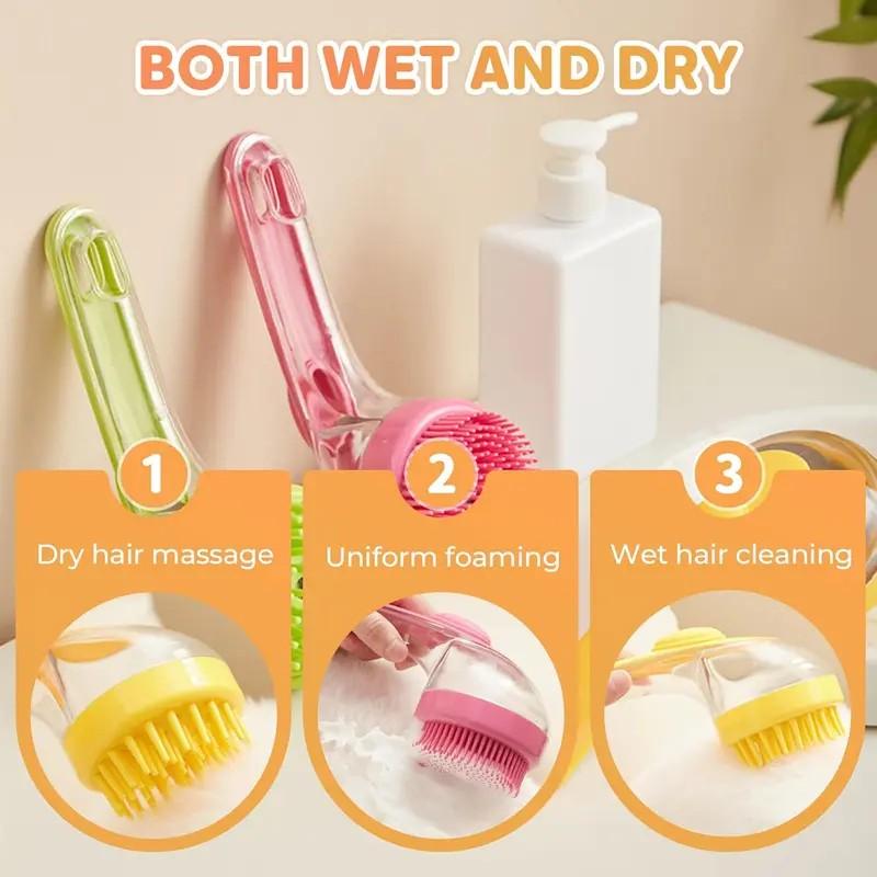 Two-In-One Pet Bath Brush with Handle, Soft Silicone Bristles, Shampoo Dispenser, Grooming Massager for Dogs & Cats, Long/short Hair