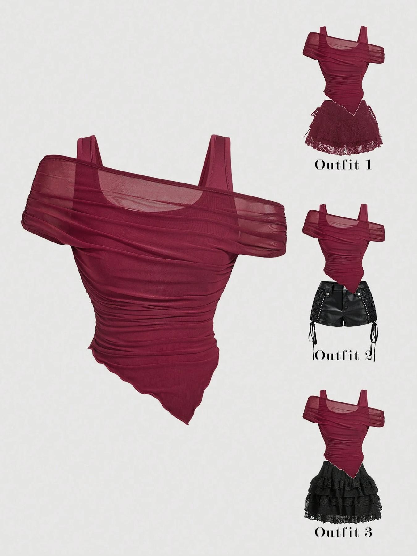 1 Spring Summer Off Shoulder Mesh Crop Top Women | Burgundy Sleeveless Ruched Asymmetric Top with Lining | Y2K Baddie Coquette Style for Date Night Club Party Wear