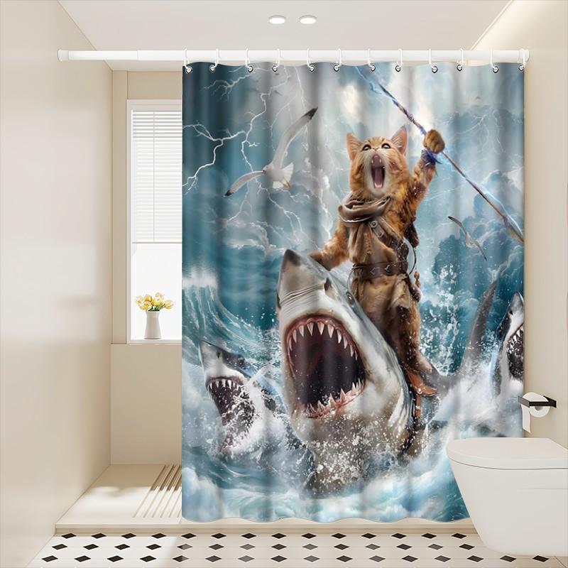1pc Epic Orange Cat Shark Rider Fantasy Printed Shower Curtains with Plastic Hooks Shower Curtain for Bathtub Bathroom, Suitable for Home and Hotel Machine Washable Bathroom Decor as Best Gifts for Friends and Fantasy Lovers