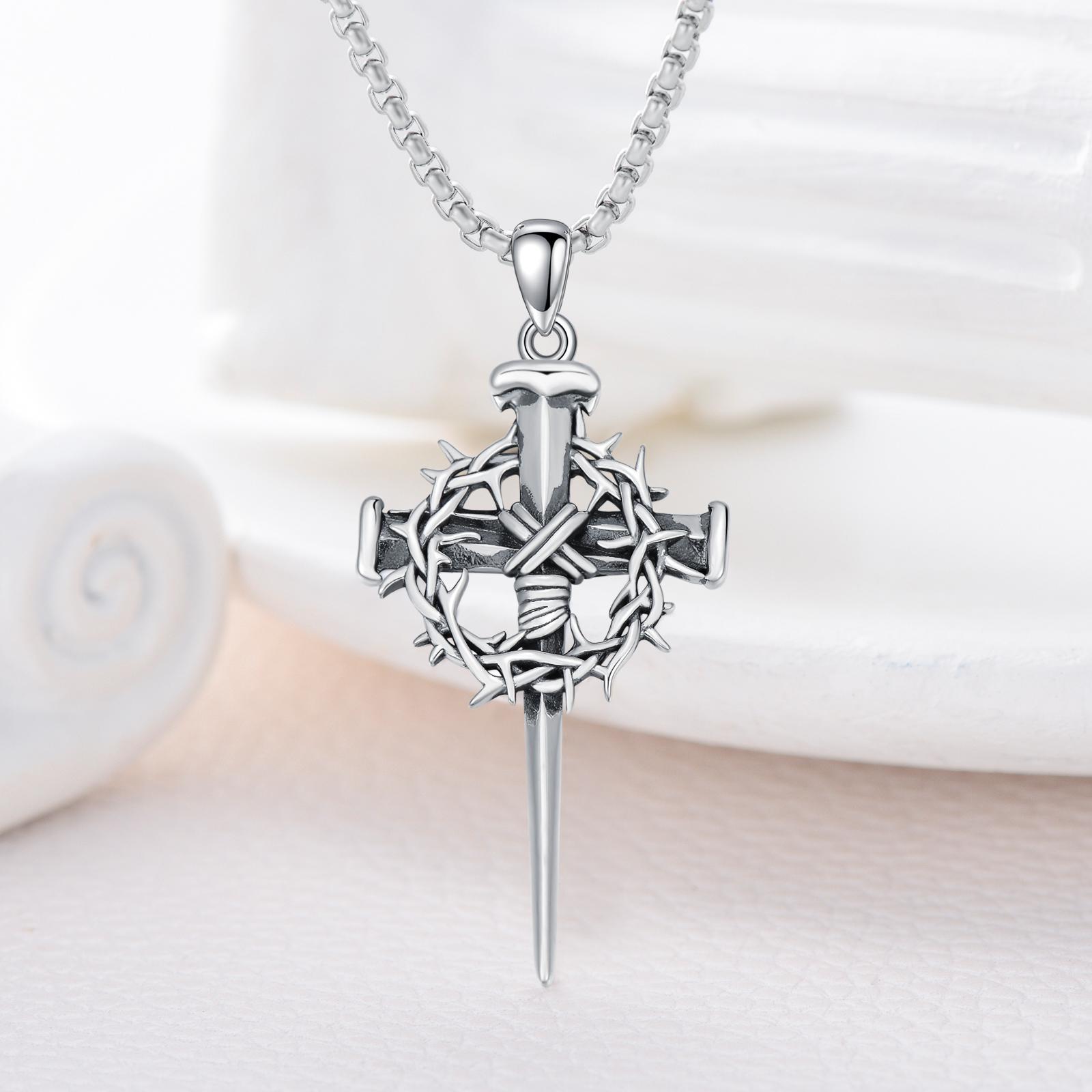 MEIDERBO 925 Sterling Silver Cross Thorns Necklace Necklace Men, Stainless Steel Pearl Chain 22+2 Inch Lobster Clasp with Jesus Cross Pendant, Christian Religious Jewelry Gift,Autumn New Arrivals yera and neon valentines gifts