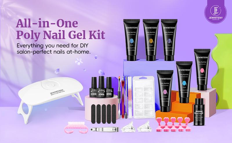 JEWHITENY 28 Colors Poly Gel Nail Kit Nude Gray Black grey Blue yellow purple Glitter All In One Starter Kit Poly Extension Gel Nail Kit With Nail Lamp Base Top Coat Builder Gel Nail Kit