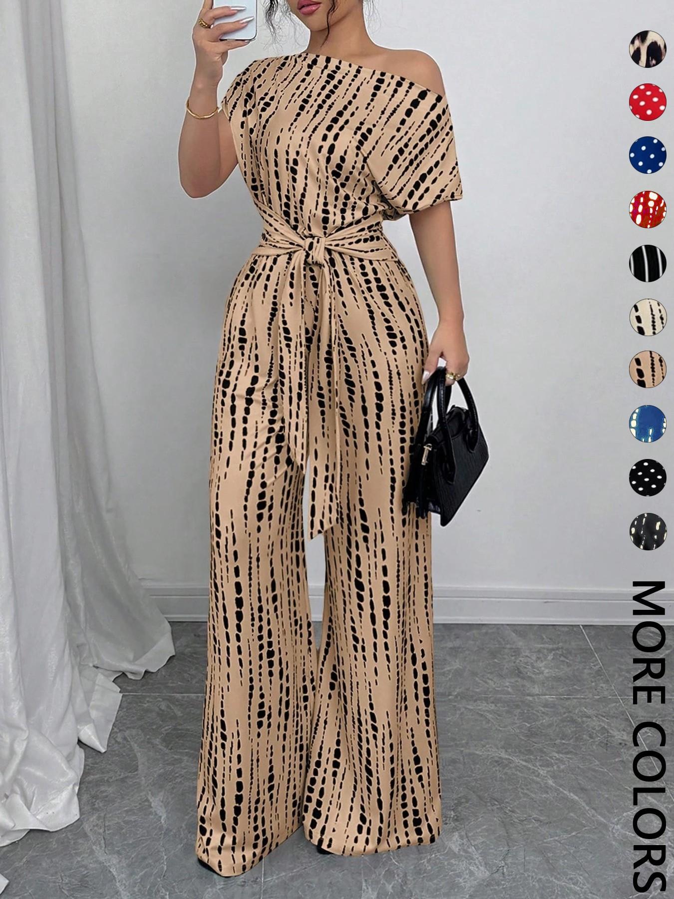 Women's All Over Print Tie Front Jumpsuit, Casual Asymmetrical Neck Jumpsuit for Spring & Fall, Women's Clothes for Daily Wear