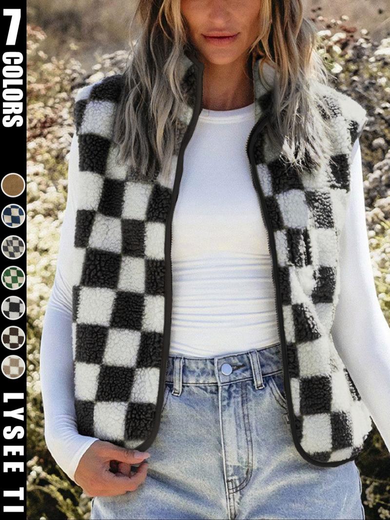 Ins style checkerboard plush vest women's autumn and winter outerwear short style shoulder retro square grid loose vest jacket top