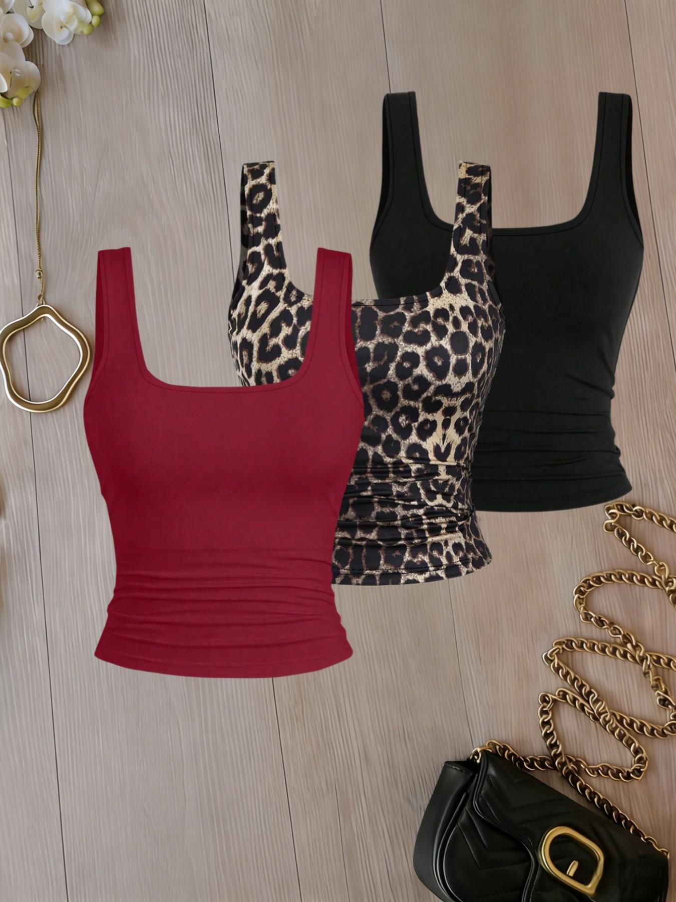 Basic Square Neck Vest Set, Leopard, Slim Fit Ruched Design, Casual, Essential Layering Piece for Daily Wear, Three-Piece
