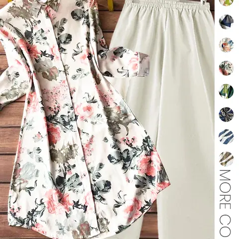 Two-piece Set Women's All Over Print Button Shirt & Wide Leg Pants, Casual Long Sleeve Collared Top & Trousers for Daily Wear, Ladies Clothes for All Seasons, Casual Everyday Set