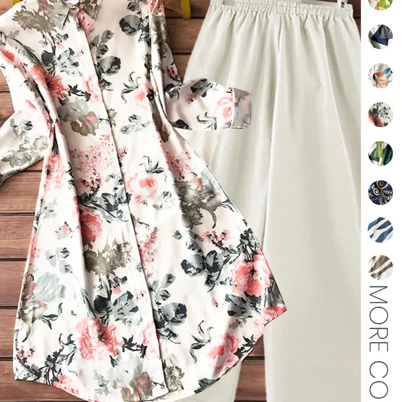 Two-piece Set Women's All Over Print Button Shirt & Wide Leg Pants, Casual Long Sleeve Collared Top & Trousers for Daily Wear, Ladies Clothes for All Seasons, Casual Everyday Set