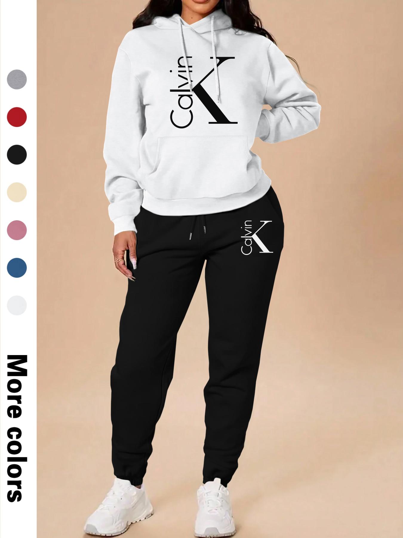 Spring Fall Thin Women's Casual Hooded Sweatshirt Set, Long Sleeve Letter Print Top + Pants, Fitted Sportswear with Pockets