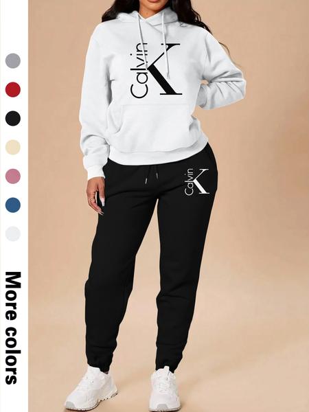 Women's Casual Hooded Sweatshirt Set, Long Sleeve Letter Print Top + Pants, Fall & Winter Fitted Sportswear, Sweatsuit With Pockets