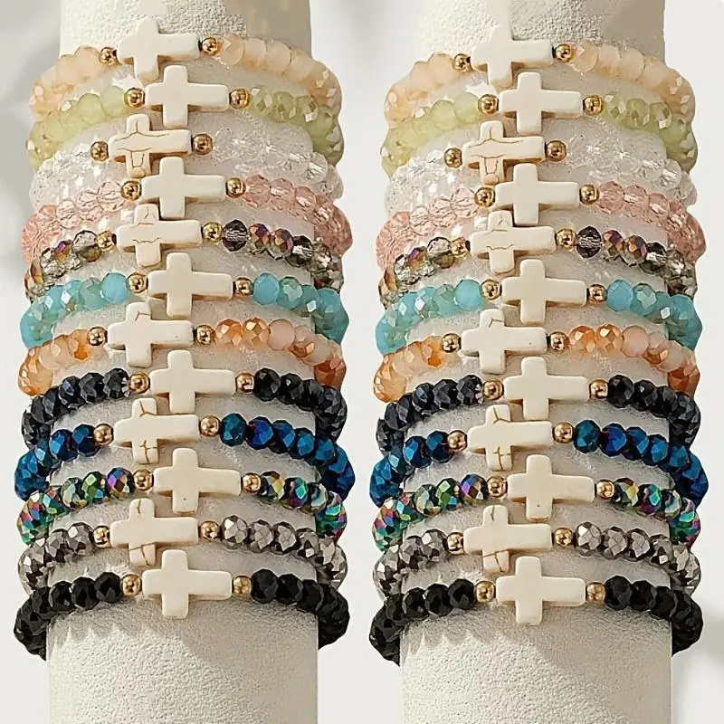 24pcs Boho Resin Texture Bracelet Stacks - Heart and Cross Charm Elastic Band Bracelets, Partyready Colors, Daily Wear & Gifting Fashion Jewelry Accessories